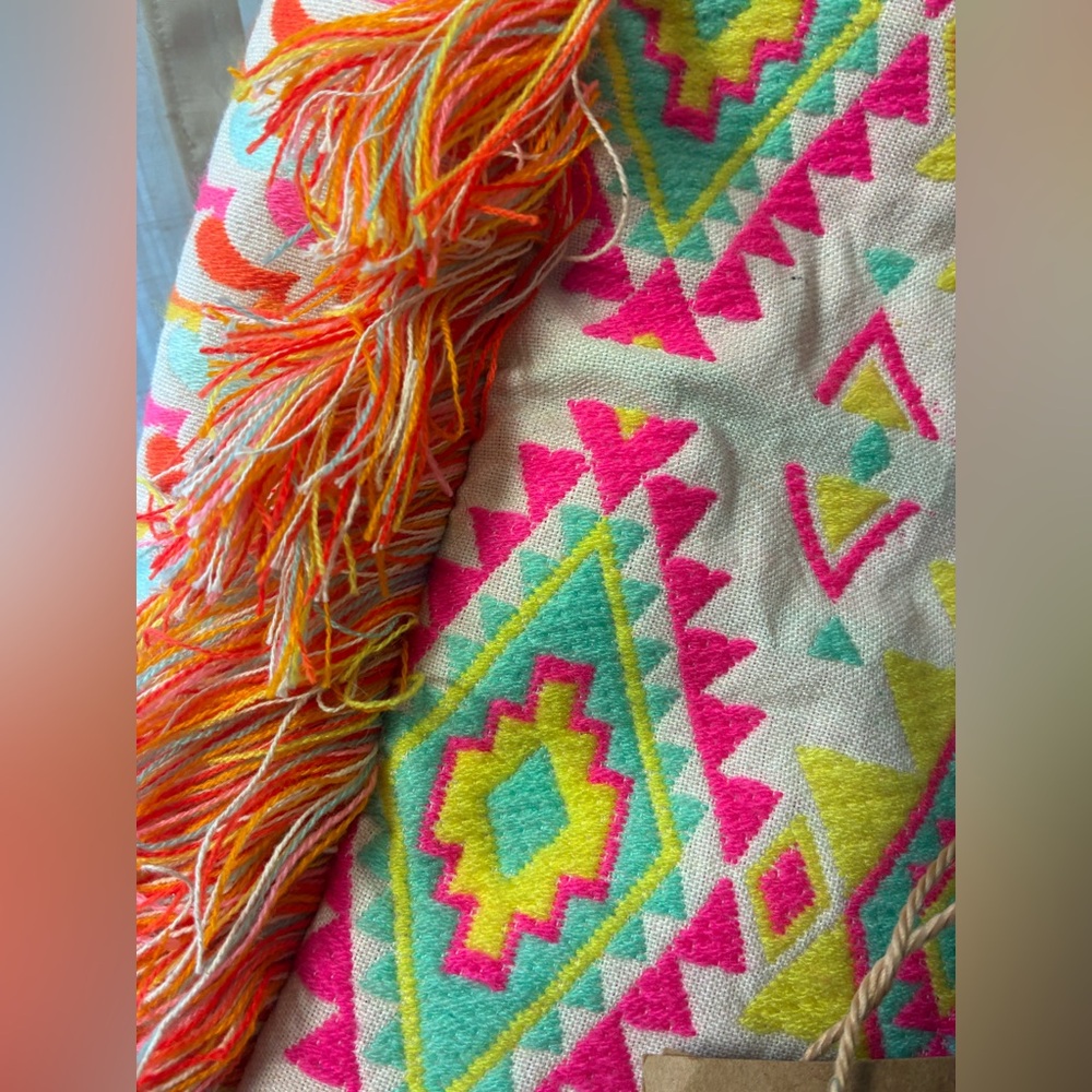 Boho Fringe Tote Bag with Neon Diamond Pattern - Picture 2 of 9